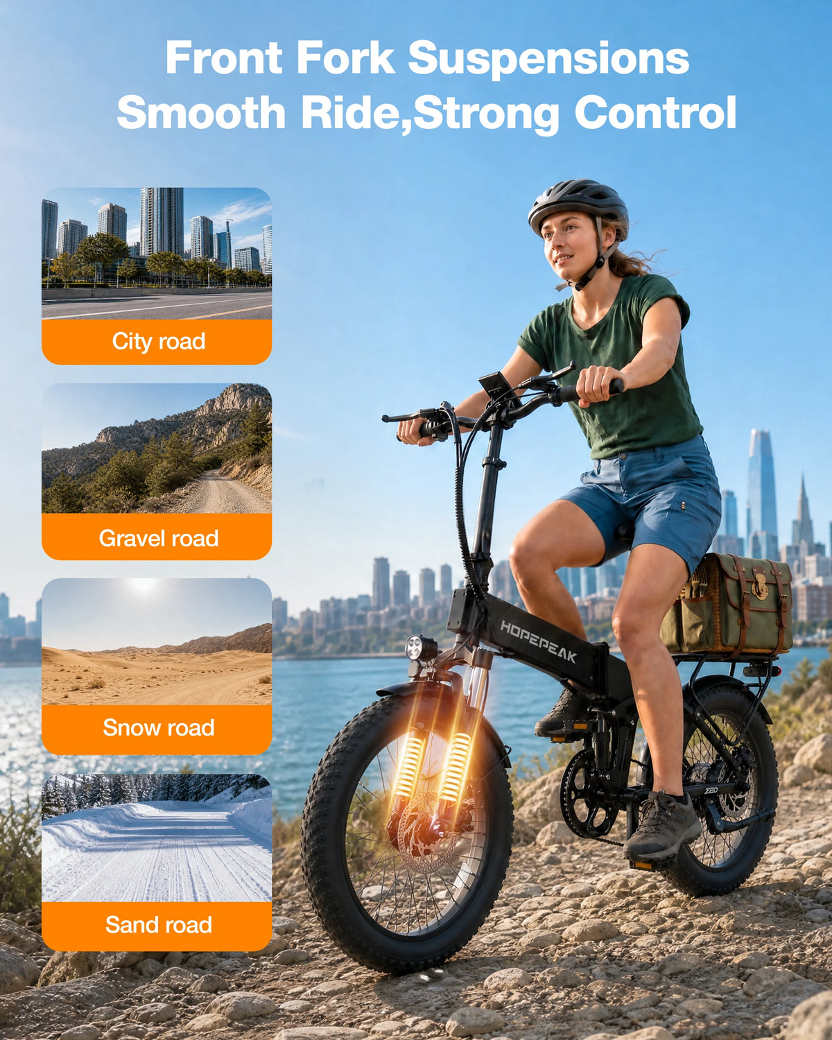 A woman rides an electric bicycle on a rocky path with a city skyline and water in the background. The image includes text reading 'Front Fork Suspensions Smooth Ride, Strong Control' and four small road-type inset images labeled City road, Gravel road, Snow road, and Sand road.
