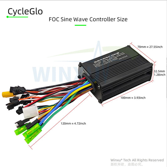 A black electronic controller labeled CycleGlo FOC Sine Wave Controller, shown with attached multicolored wires and connector plugs on a white background. Red dimension lines and text indicate the controller size measurements.