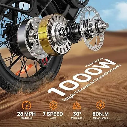 Close-up of a motorized bike wheel with technical specifications on a wooden background