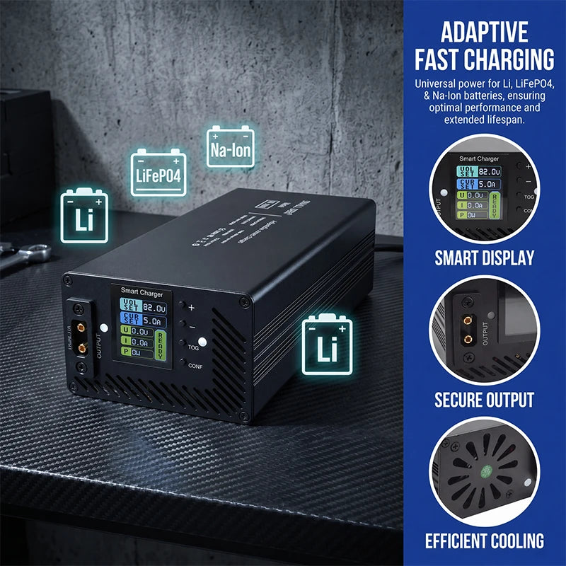 A black smart charger device with a small green display screen, shown on a dark textured surface with a blue informational panel on the right highlighting features like adaptive fast charging, smart display, secure output, and efficient cooling.