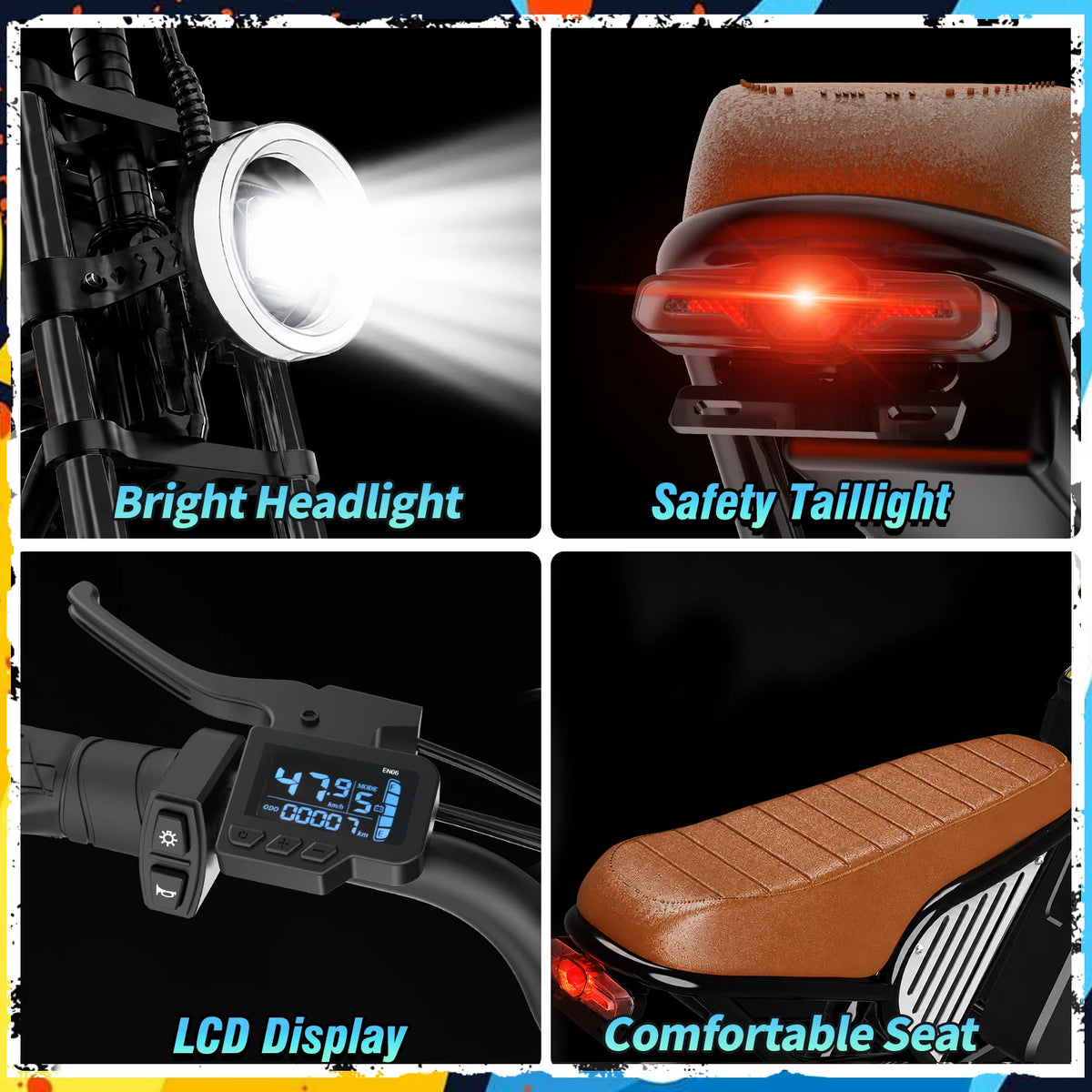 A four-panel product feature collage showing a black motorcycle or scooter accessory set: a bright headlight beam, a red safety taillight, a digital LCD display on the handlebar, and a brown comfortable seat. Text labels identify each feature.
