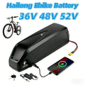 Hailong ebike battery in black, shown with its accessories including a charger, keys, and a smartphone displaying a charging screen. A bicycle is pictured in the upper left, with text overlays indicating battery voltages of 36V, 48V, and 52V.
