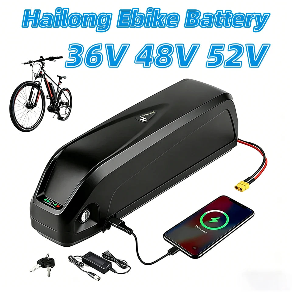 Hailong ebike battery in black, shown with its accessories including a charger, keys, and a smartphone displaying a charging screen. A bicycle is pictured in the upper left, with text overlays indicating battery voltages of 36V, 48V, and 52V.