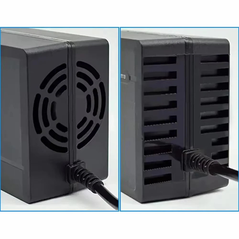 A black rectangular electronic device shown in two side-by-side views on a white background, highlighting the front vented face and the rear circular fan opening with attached power cord.