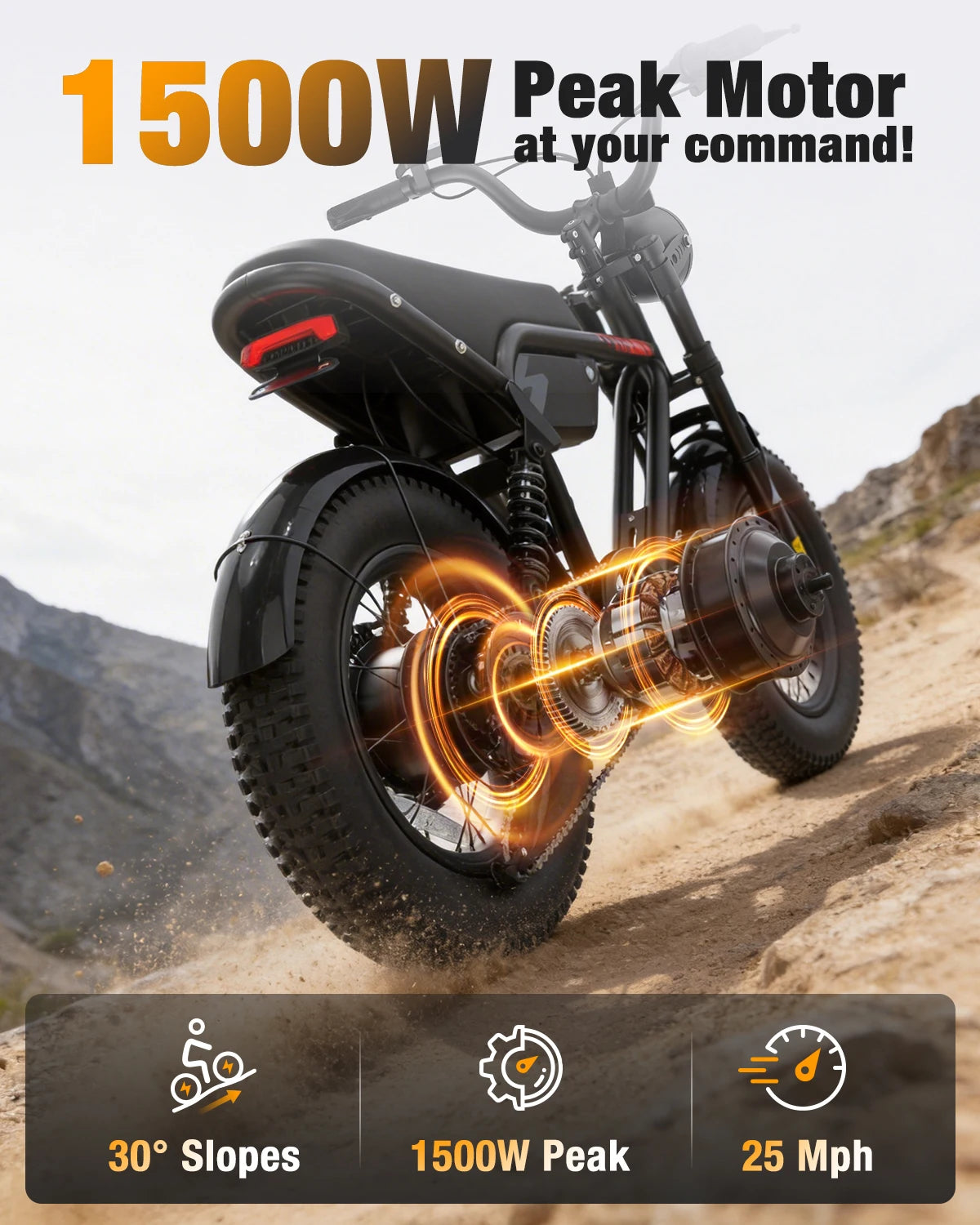Black electric dirt bike on a sandy off-road trail with graphic overlays showing a 1500W peak motor and feature icons for 30° slopes, 1500W peak motor, and 25 mph speed.