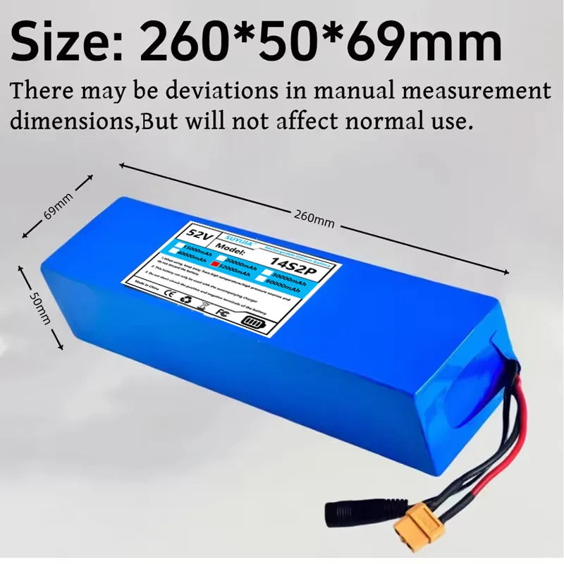Blue rectangular lithium-ion battery with dimension arrows and text showing size 260*50*69mm on a light gray background.