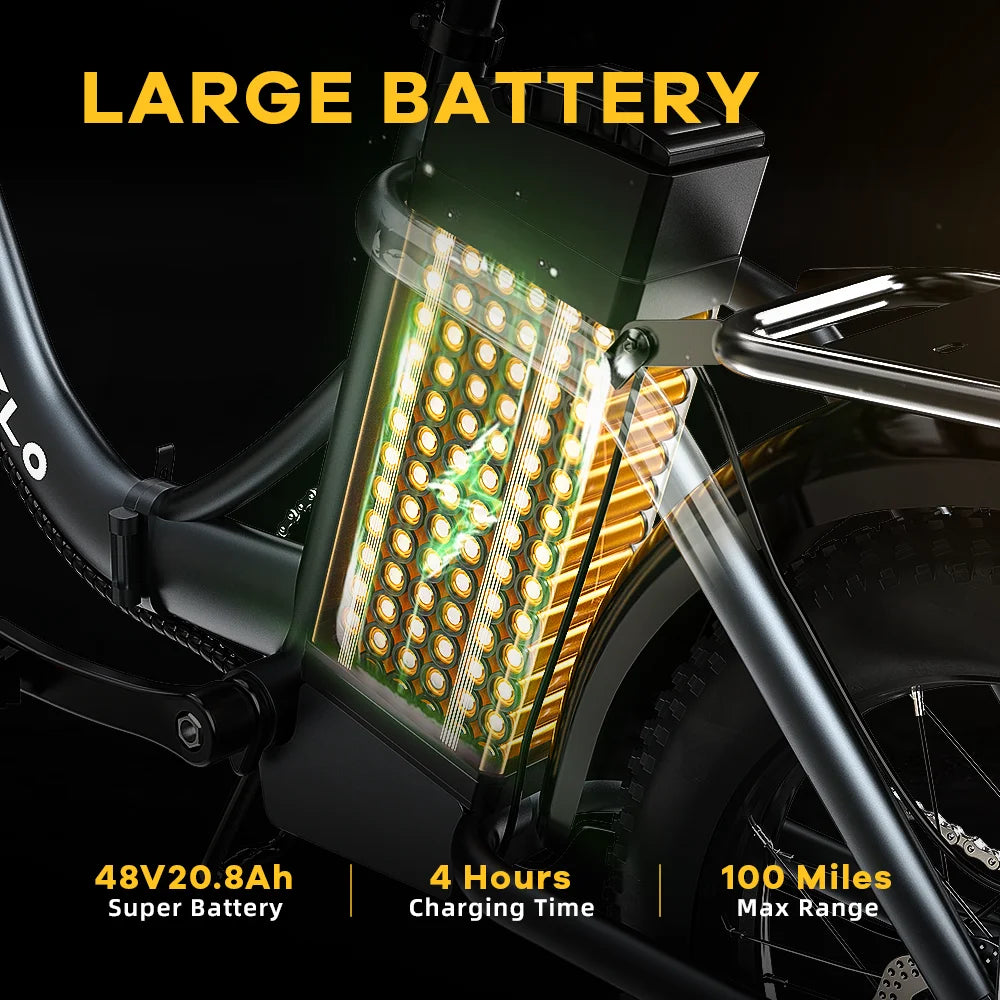 Bicycle with a large battery pack on the frame, highlighting battery specifications.