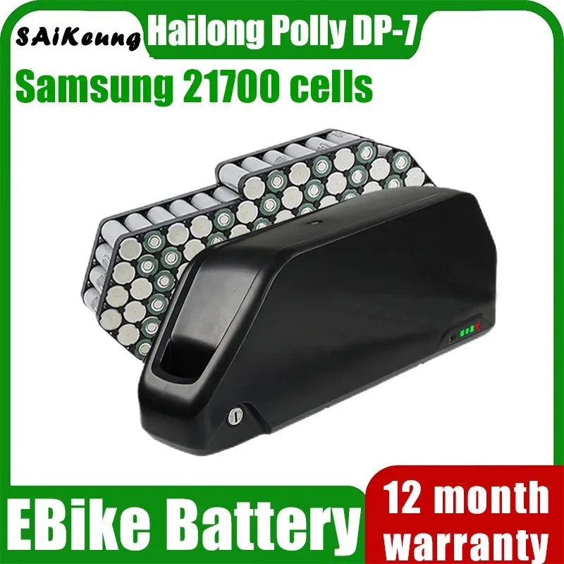 A black EBike battery charger or battery unit shown on a white background with promotional text reading 'Hailong Polly DP-7', 'Samsung 21700 cells', 'EBike Battery', and '12 month warranty'. Brand text 'SAiKeung' is visible in the top left.
