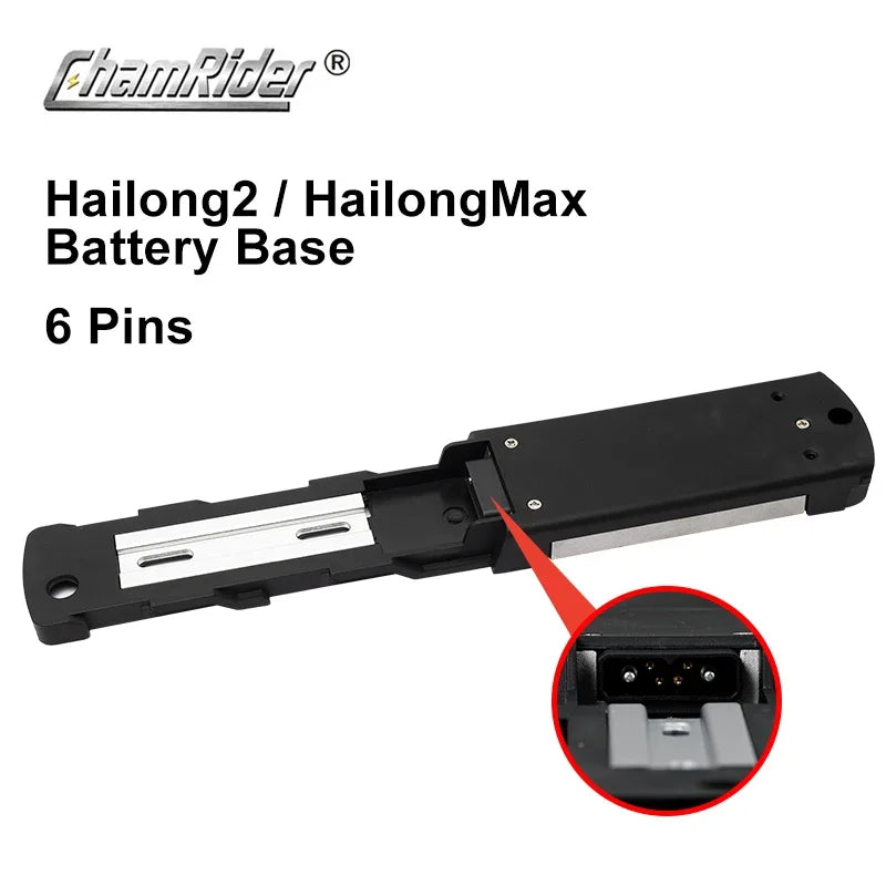 Black 6-pin battery base adapter for Hailong2 and HailongMax chainsaws, shown on a white background with product text and a circular inset highlighting the pin connection.