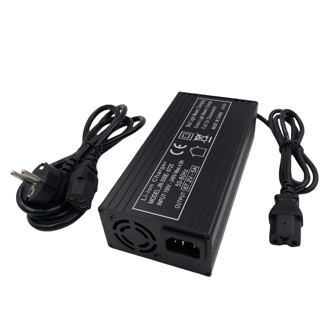 Black power adapter with cables on a white background