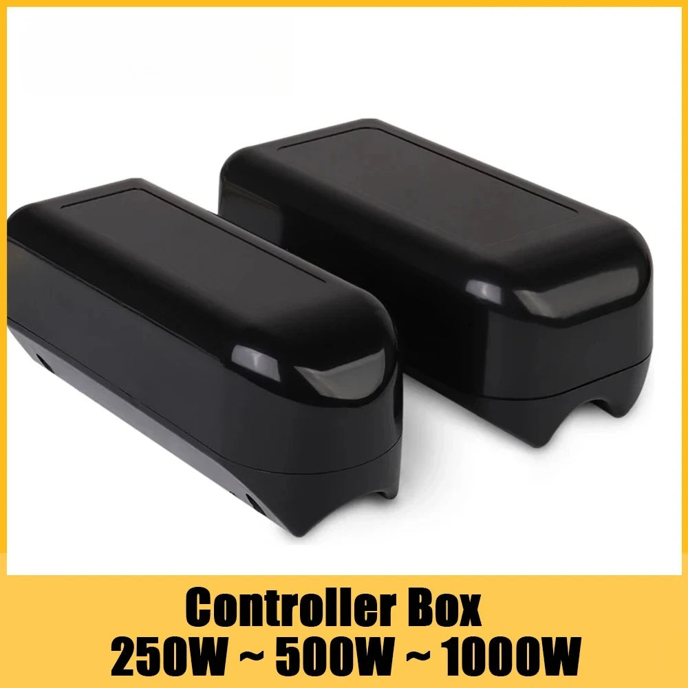 Two black rectangular controller boxes shown on a white background with a yellow border and text at the bottom reading 'Controller Box 250W ~ 500W ~ 1000W'.