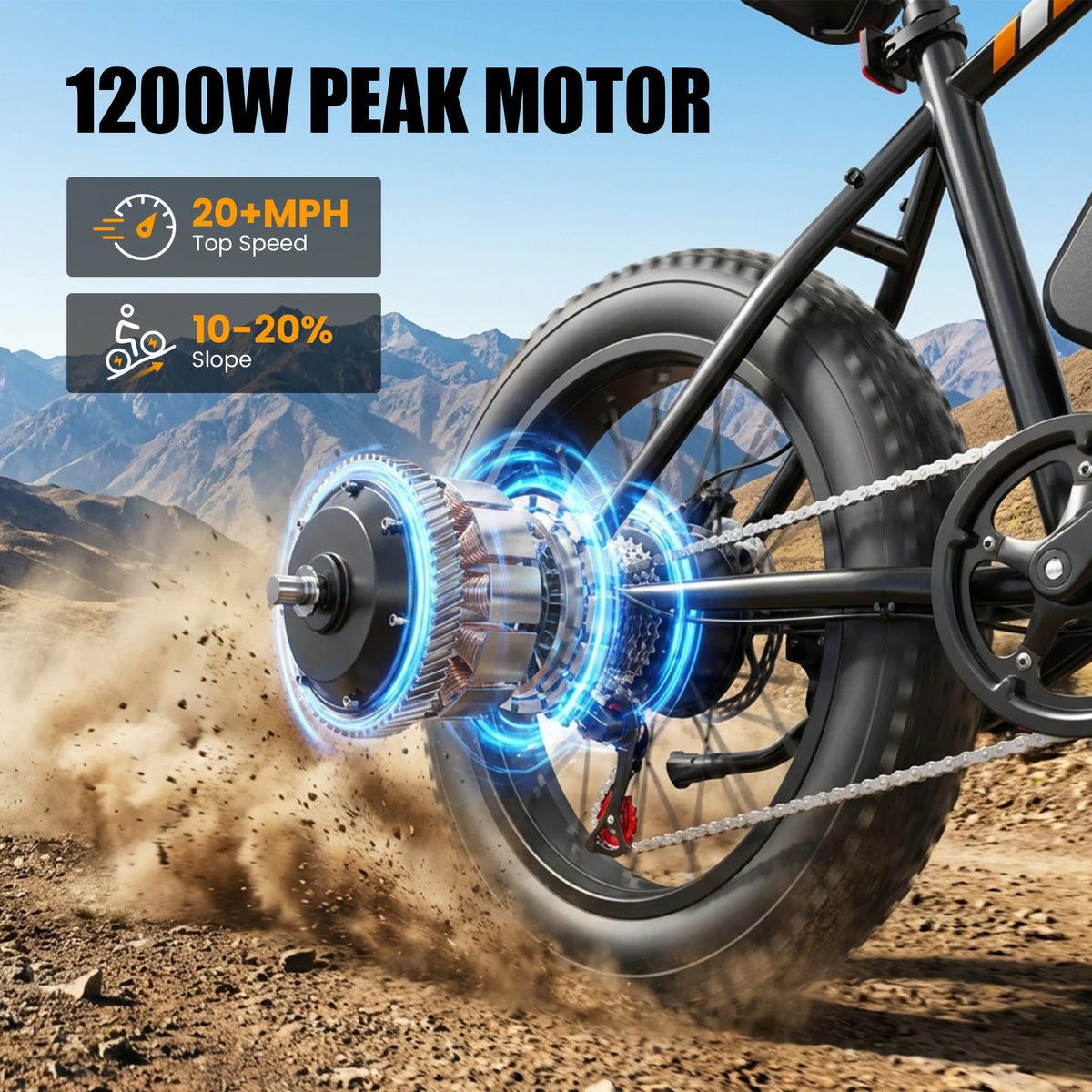 A close-up of a bicycle wheel and rear motor assembly in motion on a dirt trail, with overlaid text reading '1200W PEAK MOTOR' and performance callouts for speed and slope. The scene includes a real outdoor environment and the bike is being shown in use, so this is Lifestyle rather than Product/Packaging.