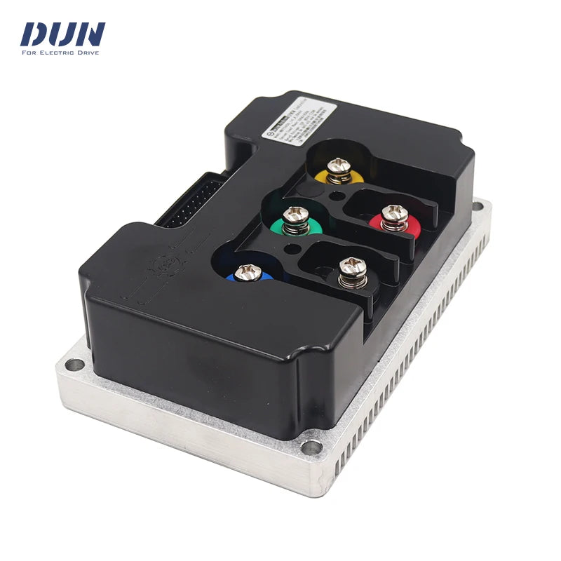 Electronic component with colored terminals on a white background, featuring the brand 'DUJ'.