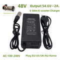MYDA 54.6V 2A lithium battery charger showing the XLRM 3 pin male connector head configuration