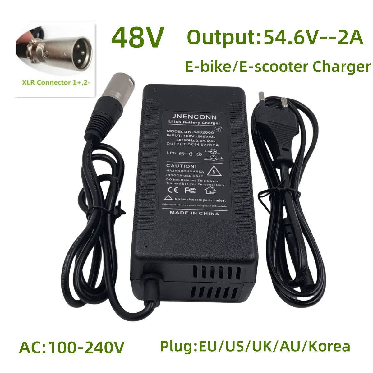 MYDA 54.6V 2A lithium battery charger showing the XLRM 3 pin male connector head configuration