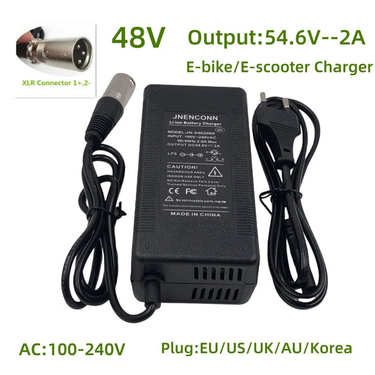MYDA 54.6V 2A lithium battery charger showing the XLRM 3 pin male connector head configuration