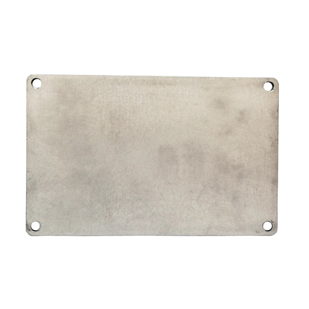 A rectangular metal mounting plate with rounded corners and four pre-drilled holes, shown against a plain white background.
