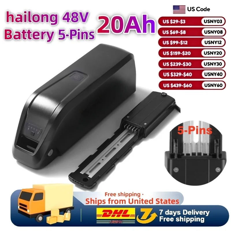 5-Pin Hailong E-Bike Battery | 36V 48V (10Ah, 15Ah, 20Ah) | Bafang 750W-1500W