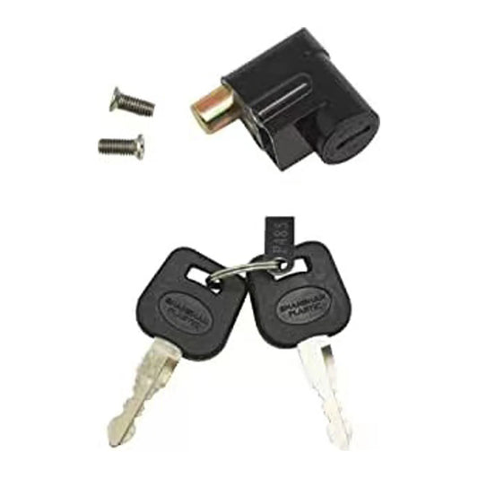 A black plastic cylindrical lock cylinder lockset shown with two silver metal screws and two black key fobs with silver keys on a plain white background.