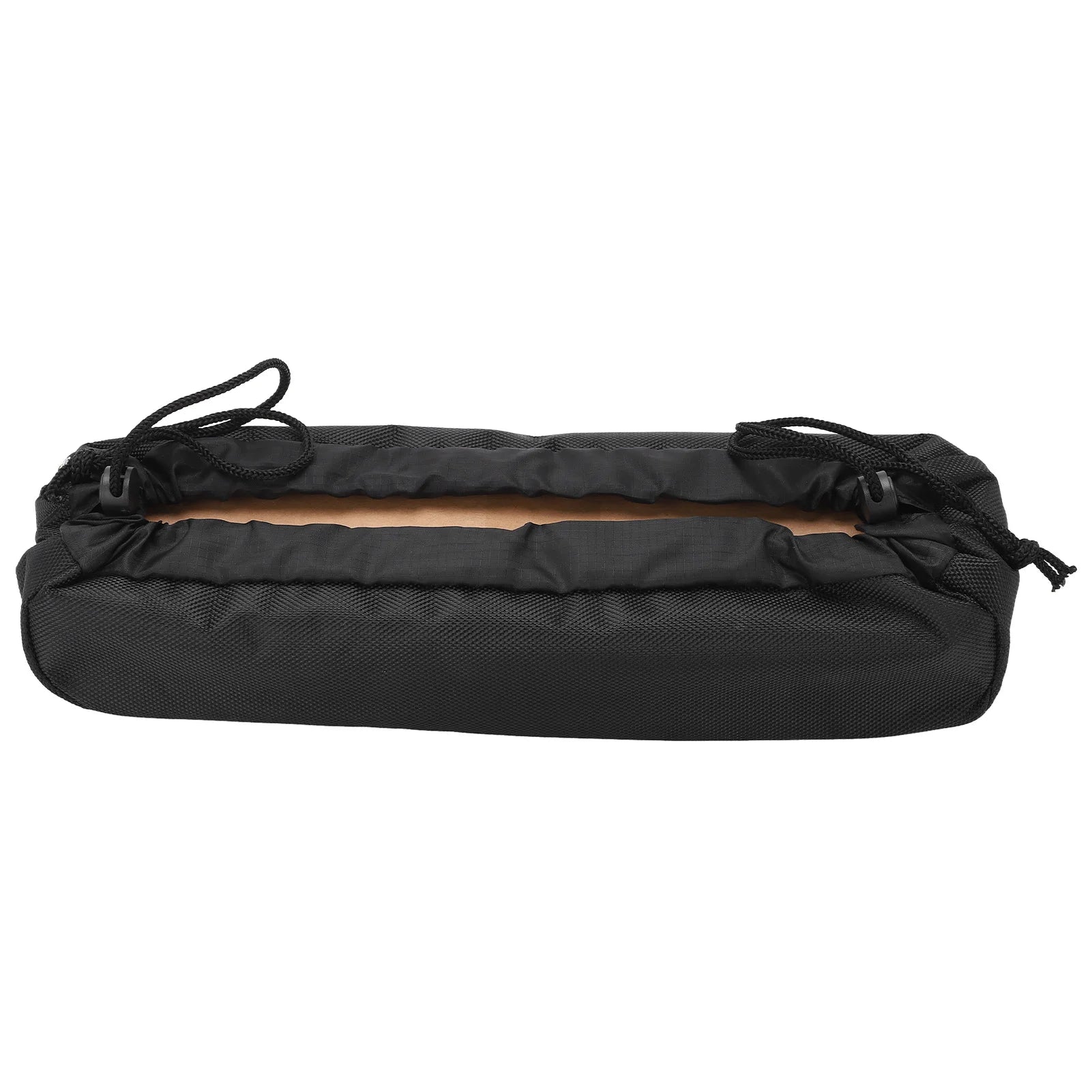 A black drawstring storage bag with a textured fabric body, shown against a plain white background.