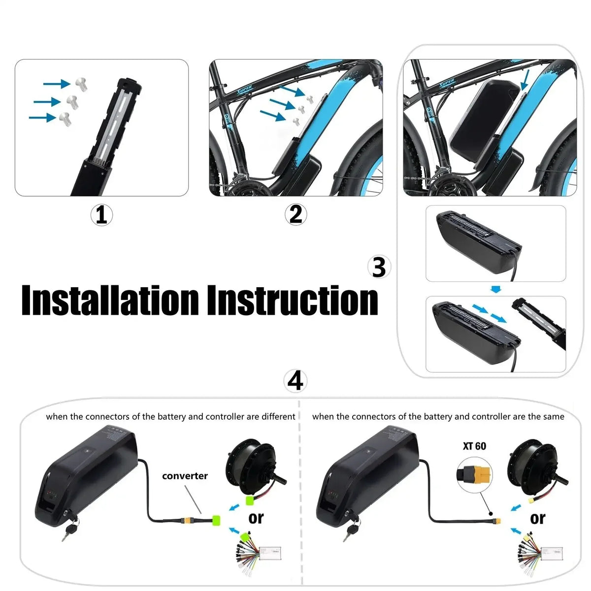 Step-by-step installation instructions for a bicycle battery pack on a white background.