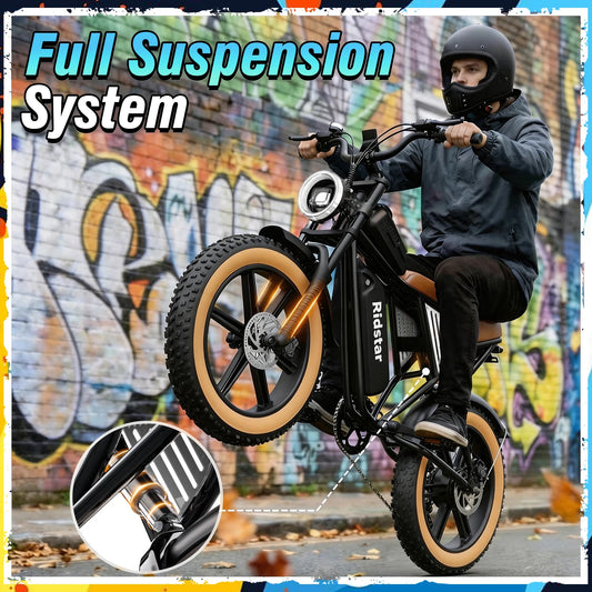 A person wearing a black helmet rides a black Ridstar electric bicycle with full suspension and tan sidewall tires in front of a graffiti-covered wall. Large text at the top reads 'Full Suspension System,' and a circular inset shows a close-up of the suspension component.