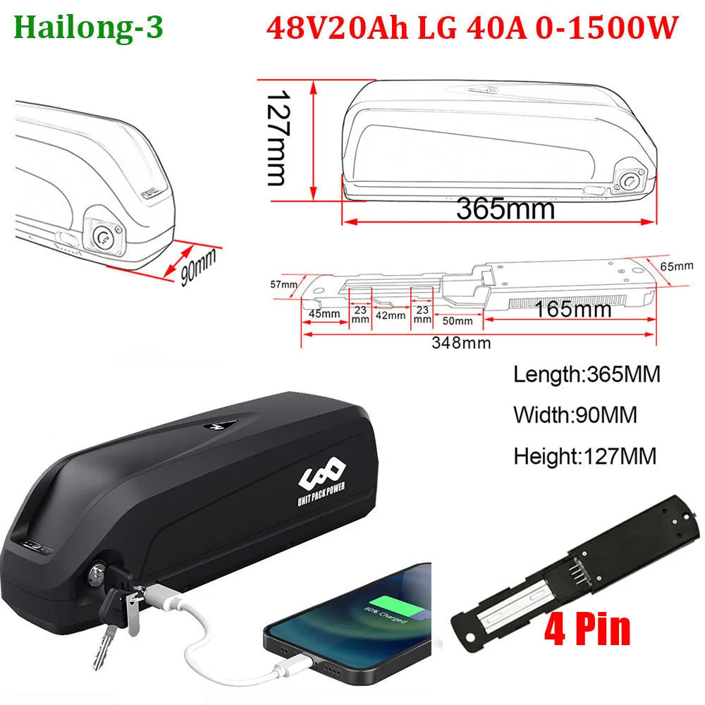 Black battery pack with dimensions and specifications on a white background
