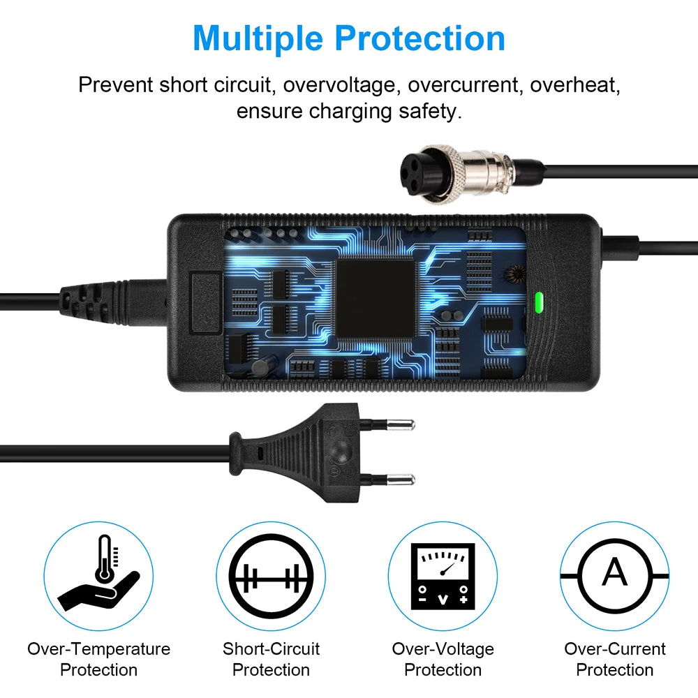 A black electronic power adapter or charger with blue circuit-board graphics on top, shown on a white background with text reading 'Multiple Protection' and four feature icons for over-temperature, short-circuit, over-voltage, and over-current protection.