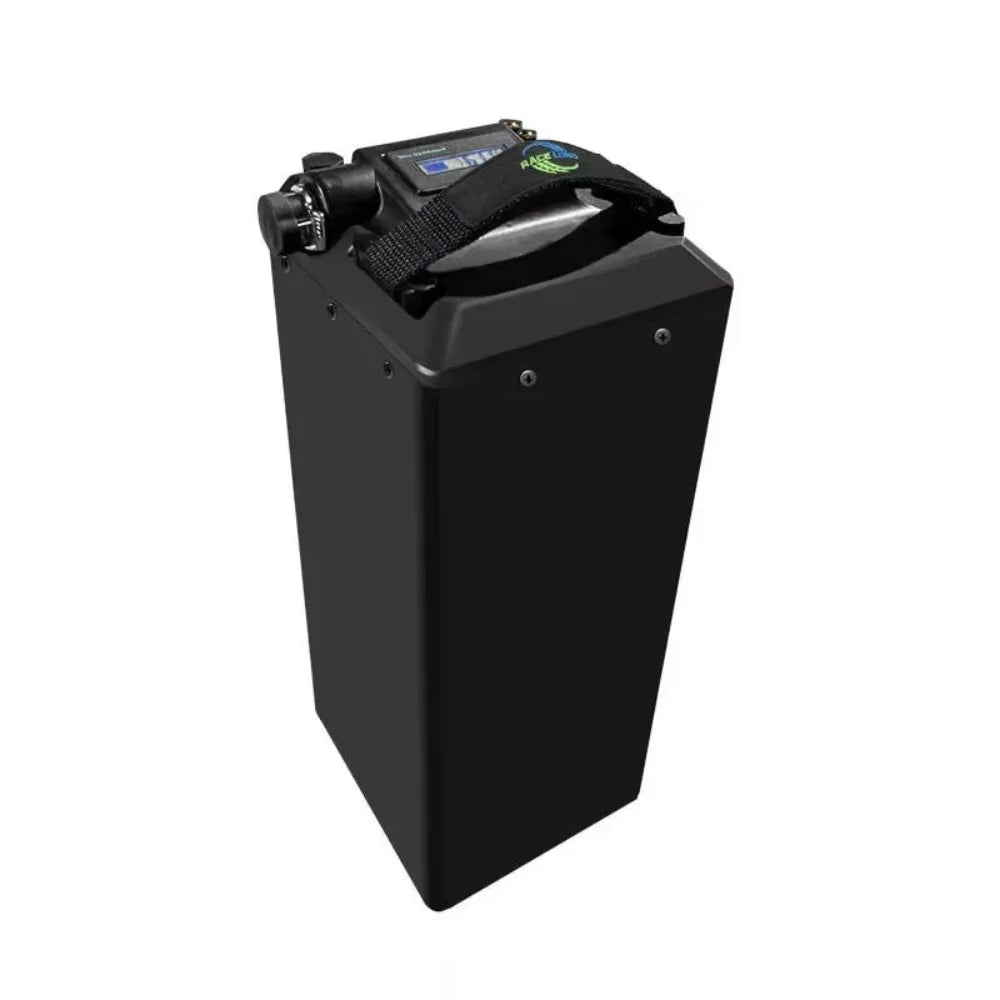 A black rectangular electric battery pack with a top-mounted handle and small display screen, shown on a plain white background.