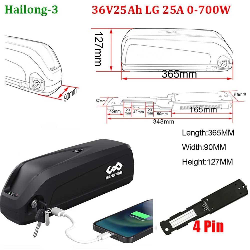 Black battery pack with dimensions and specifications on a white background