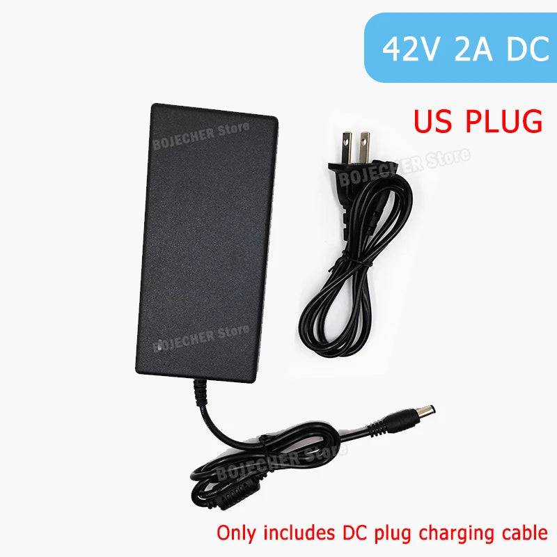 Black 42V 2A DC power adapter with a US plug and charging cable, shown on a white background with text indicating '42V 2A DC', 'US PLUG', and 'Only includes DC plug charging cable'.