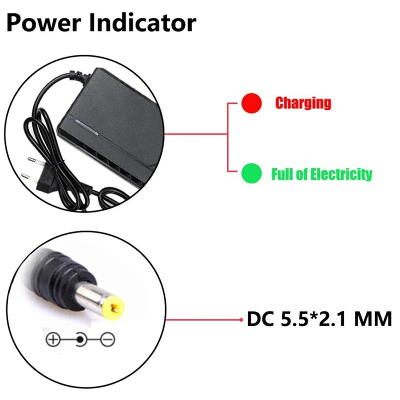 Power indicator diagram showing a black DC power adapter with plug and a DC 5.5*2.
