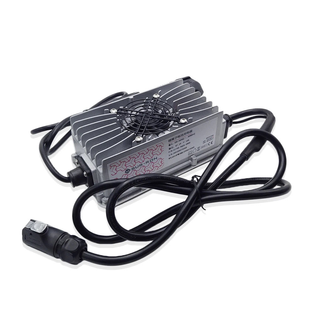 A silver aluminum heatsink power supply unit with a built-in cooling fan, attached to a long black power cable with a heavy-duty connector, shown on a white background.
