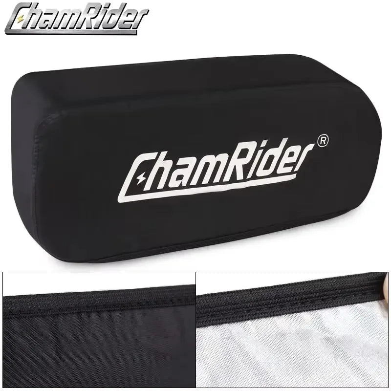 Black protective cover with ChamRider logo on a white background