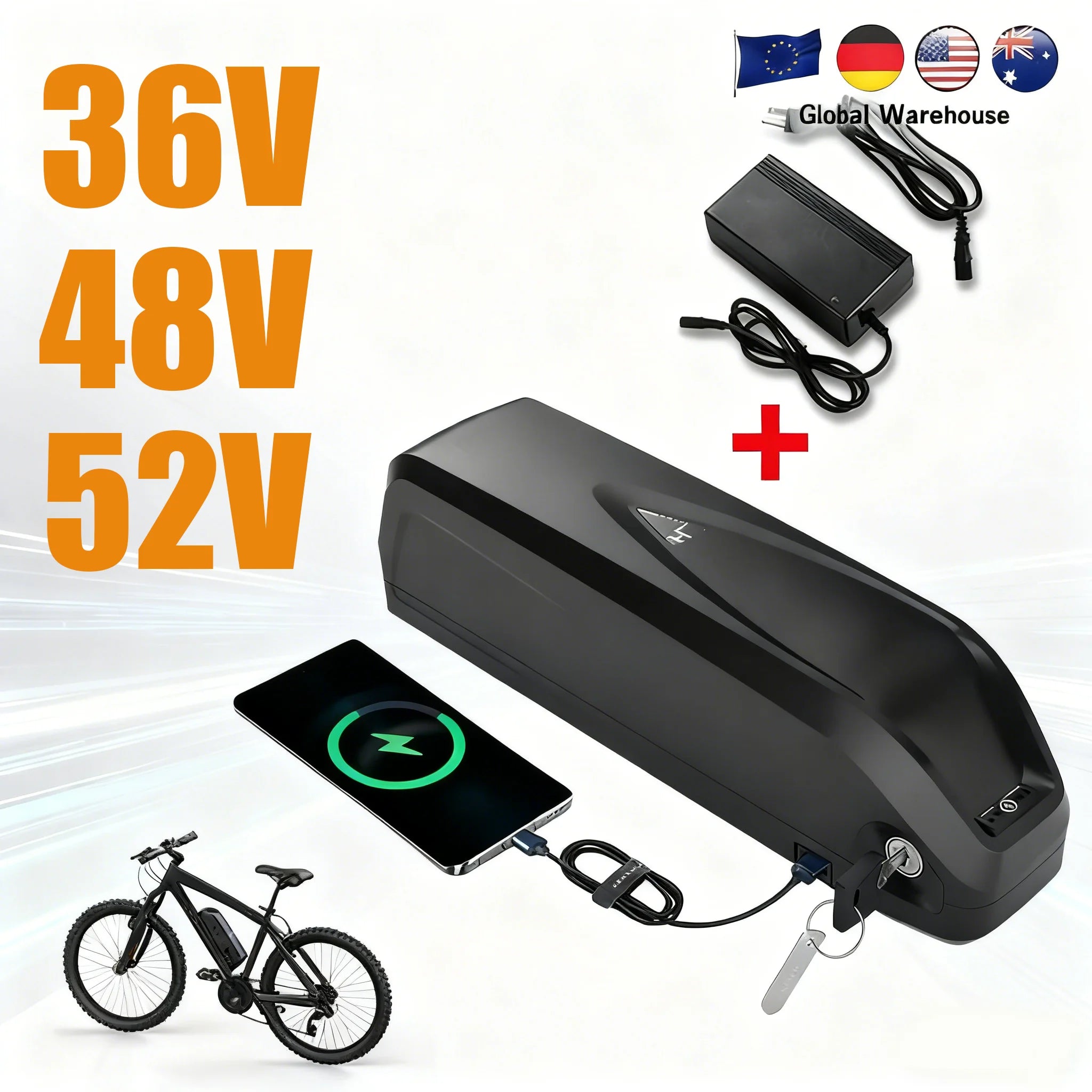 Black electric bicycle battery pack shown with its black power adapter, a smartphone displaying a charging interface, a bicycle graphic, and large orange text listing 36V, 48V, and 52V voltages. Small country flags and a 'Global Warehouse' badge appear at the top right.