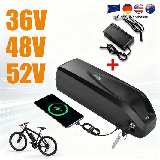 Black electric bicycle battery pack shown with its black power adapter, a smartphone displaying a charging interface, a bicycle graphic, and large orange text listing 36V, 48V, and 52V voltages. Small country flags and a 'Global Warehouse' badge appear at the top right.