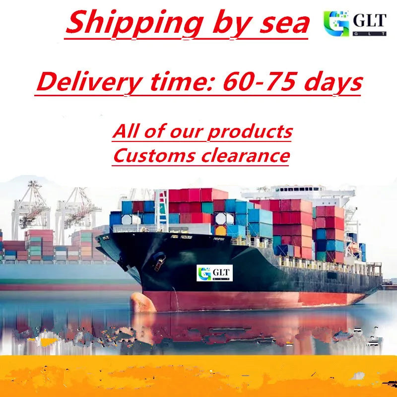Promotional graphic for GLT shipping services, featuring a large container ship on water with text reading 'Shipping by sea', 'Delivery time: 60-75 days', and 'All of our products Customs clearance'. The GLT logo appears on the ship and in the top right.