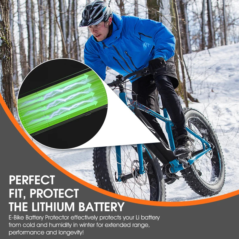 A man riding a blue fat-tire e-bike through a snowy forest, wearing a bright blue jacket and black pants. An inset circle shows a close-up of a green and black battery protector film applied to the battery.