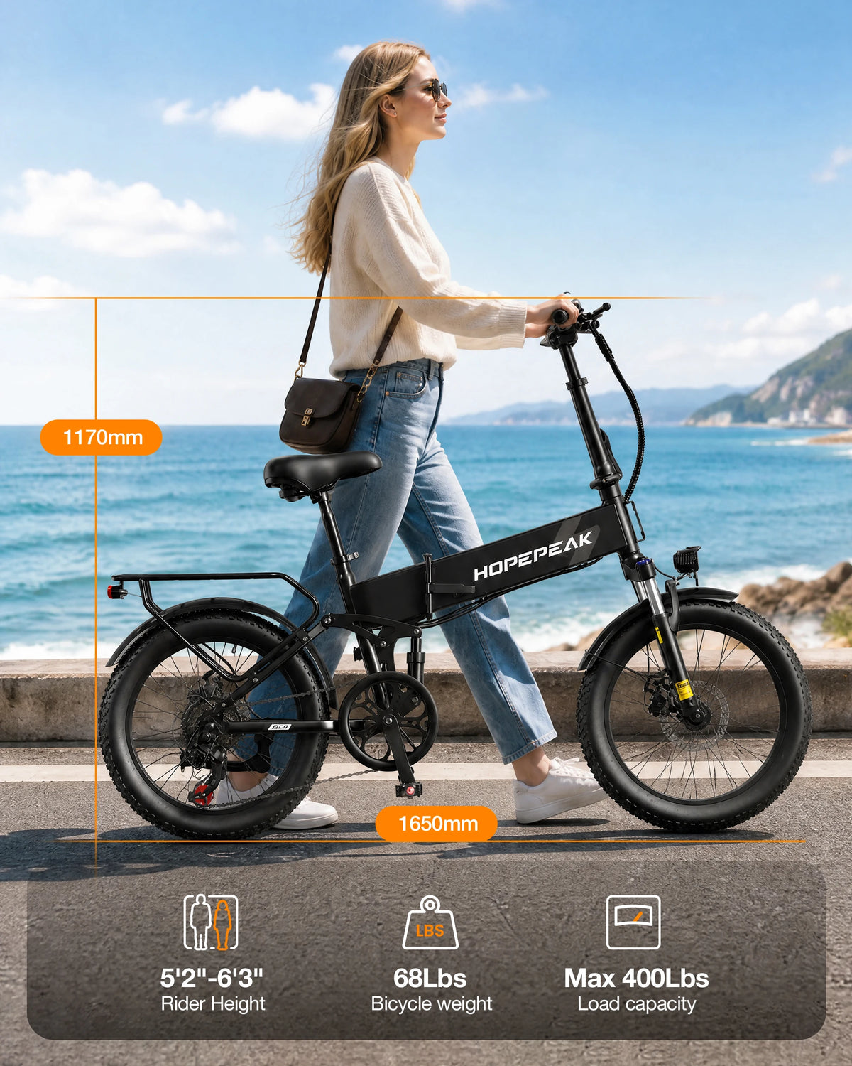 A woman stands beside a black Hopepeak folding electric bicycle on a paved path with the ocean and sky behind her. Orange measurement lines and text show the bike's height as 1170mm and wheelbase as 1650mm, with feature icons at the bottom listing rider height, 68Lbs weight, and 400Lbs load capacity.