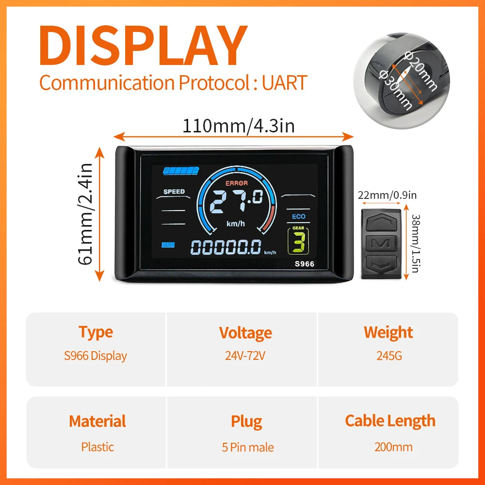 Display with specifications and dimensions on a white background