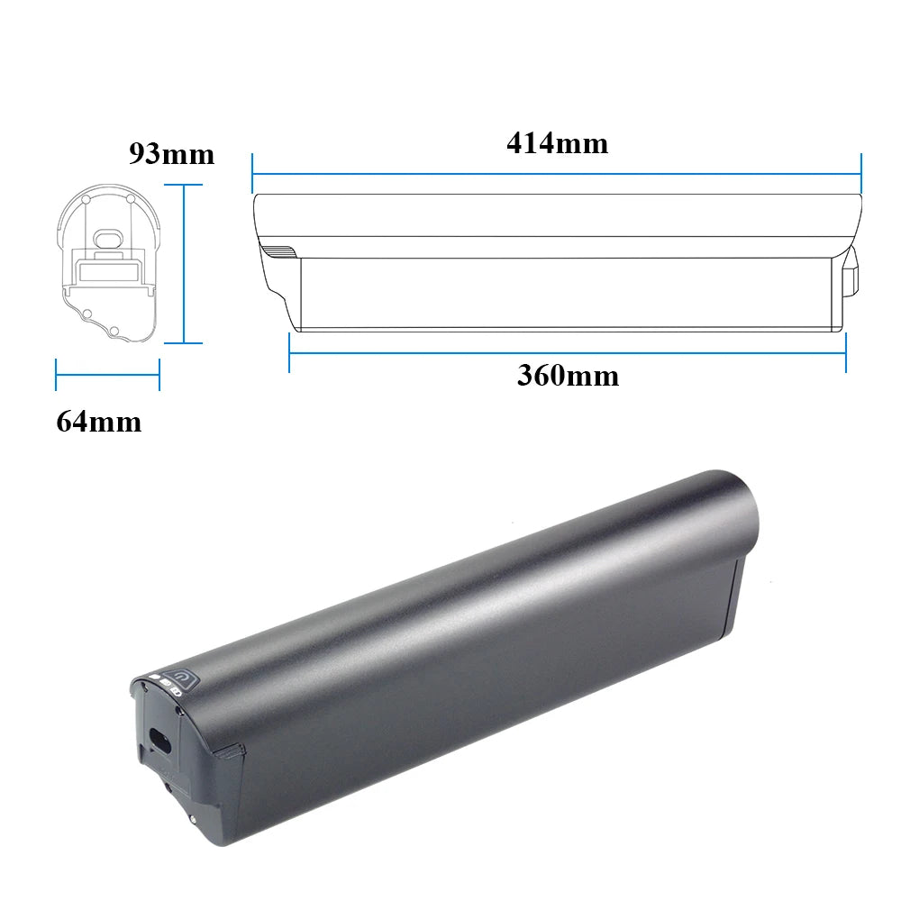 A dark gray rectangular battery shown below dimension line drawings indicating its measurements: 414mm in length, 360mm in width, 93mm in height, and 64mm in depth.