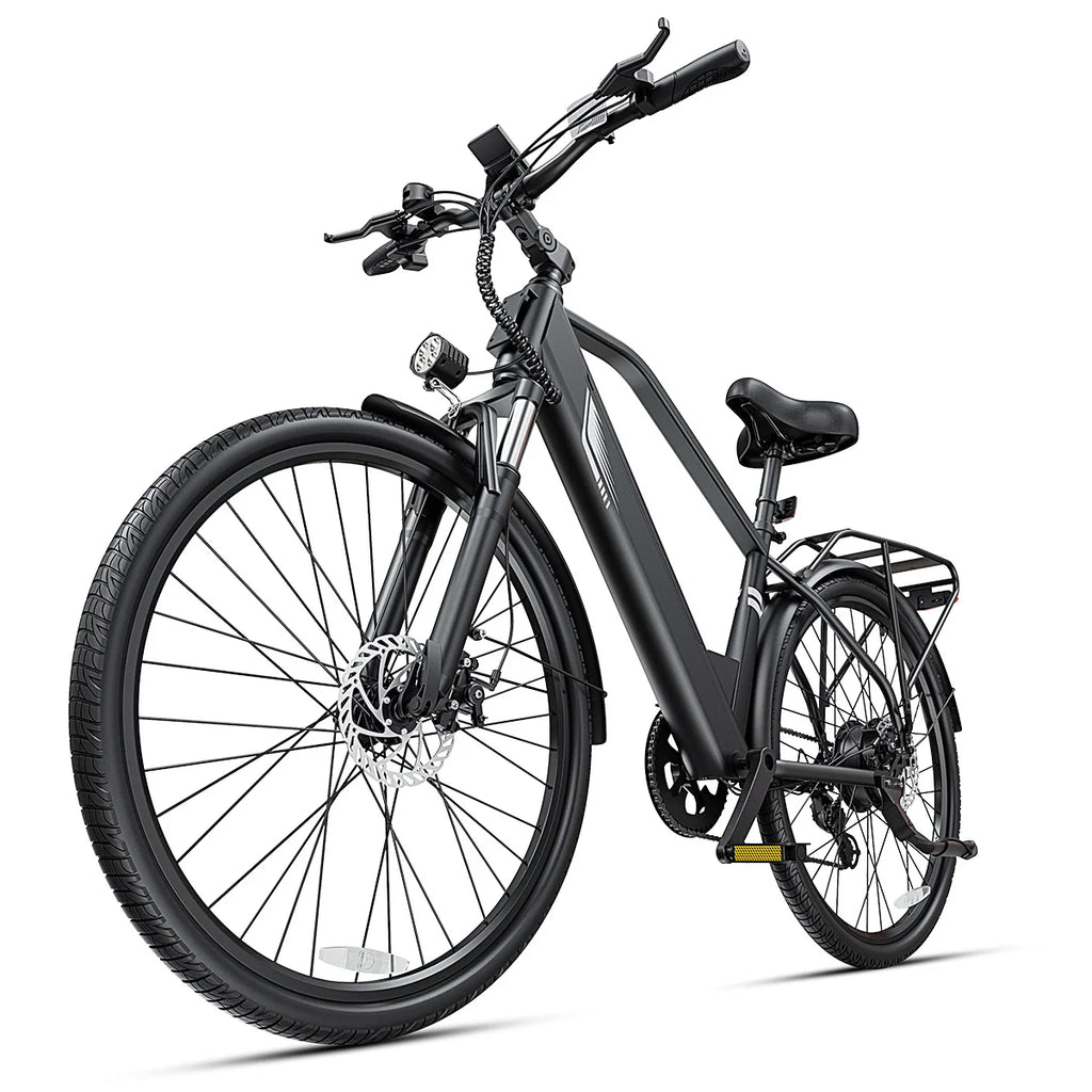 A matte black electric bicycle with a step-through frame, front suspension fork, rear rack, fenders, and disc brakes, photographed on a clean white studio background.
