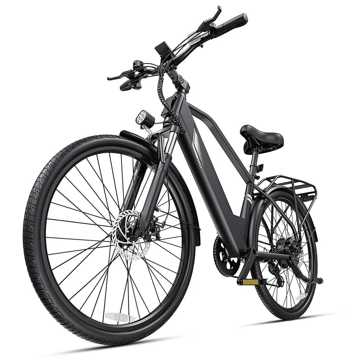 A matte black electric bicycle with a step-through frame, front suspension fork, rear rack, fenders, and disc brakes, photographed on a clean white studio background.