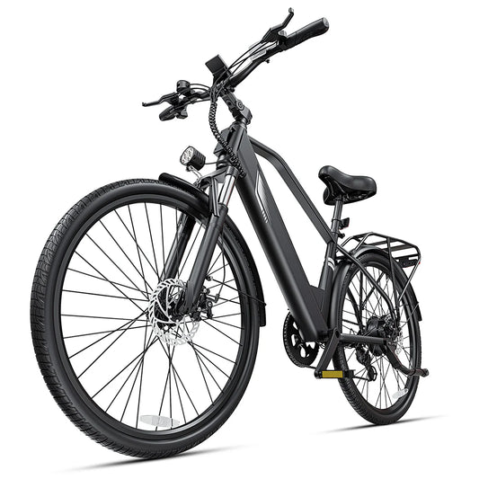A matte black electric bicycle with a step-through frame, front suspension fork, rear rack, fenders, and disc brakes, photographed on a clean white studio background.