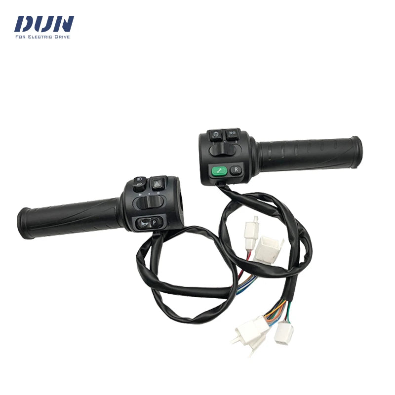 Black motorcycle or electric scooter handlebar controls with two grip-mounted control units, attached wiring harnesses, and white connector plugs, shown on a white background with the DUN logo in the top left corner.