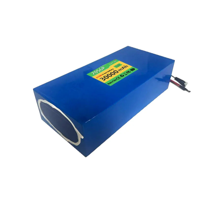 A blue rectangular lithium-ion battery with a green and yellow label reading '30000 mAh' and '14.8V 60C', shown on a plain white background.