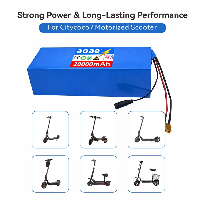 Blue aoae 20000mAh lithium-ion battery for electric city scooters, shown with attached black and red cables and a gold connector, on a white background with text and six scooter thumbnail images below.