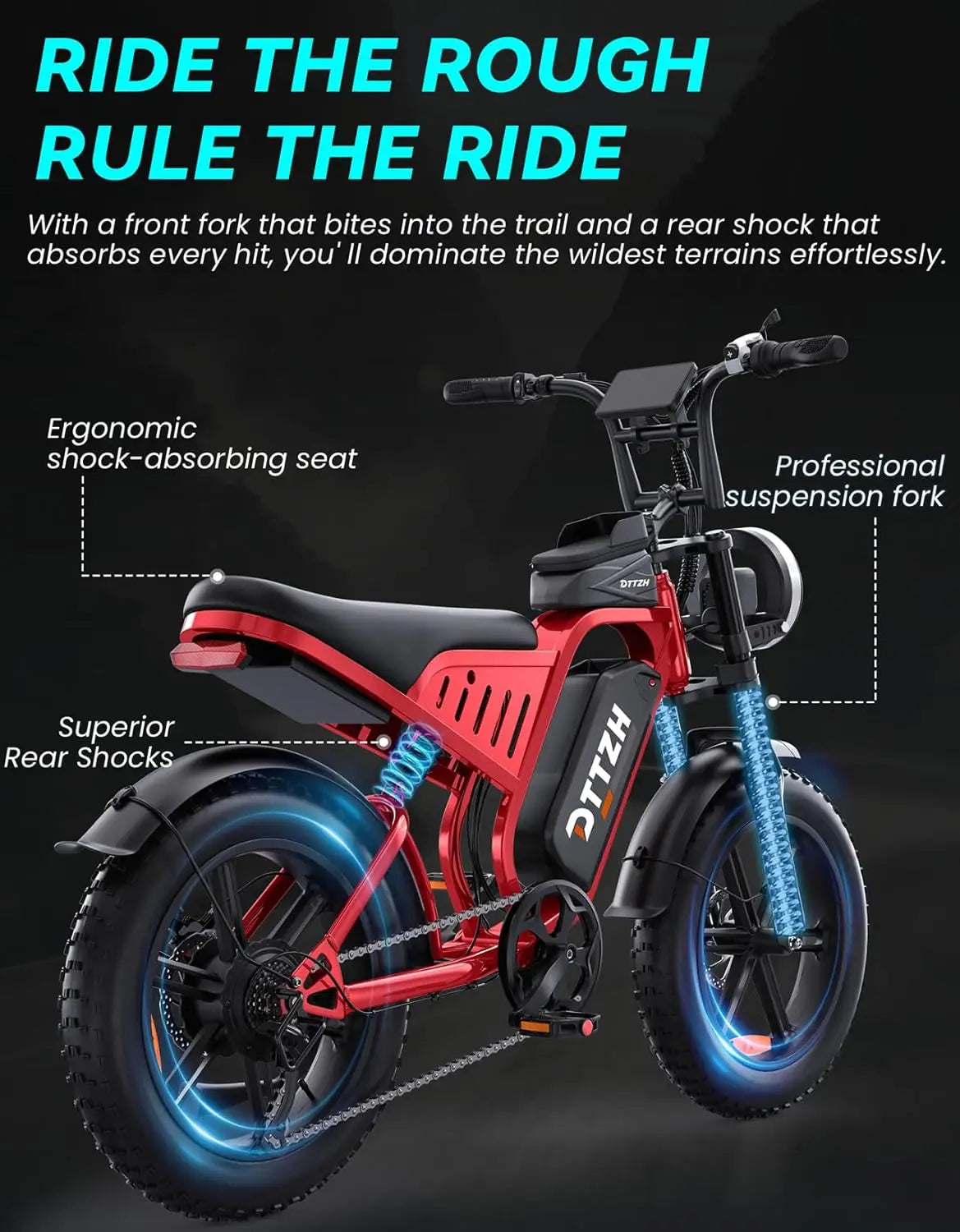 Red and black electric dirt bike with glowing blue LED wheel accents, shown on a dark background with marketing text and callouts highlighting features like the ergonomic shock-absorbing seat, suspension fork, and rear shocks.