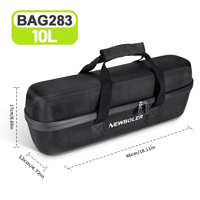 Black 10L hard carrying case with dual top handles, shown on a white background with dimension lines and text indicating measurements. The case has a zippered end and a visible NEWBOLER logo on the side.