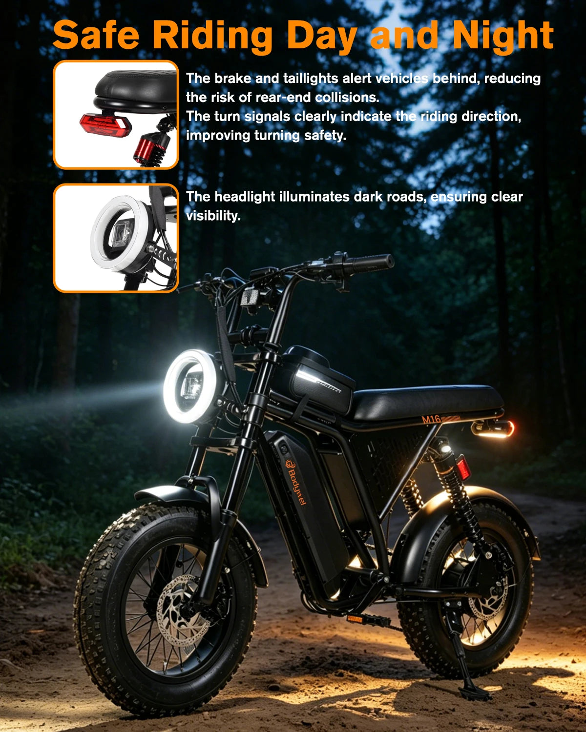 A black electric fat-tire bicycle shown on a dark forest path at night, with the headlight illuminated. The image includes marketing text and two inset callouts showing brake/till lights and a turn signal.